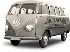 Vintage Volkswagen bus with Lindeblad Piano Restoration logo representing Lindeblad as a family business for 100 years