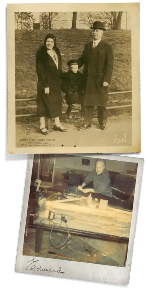 Vintage photos of first and second generation Lindeblad craftsmen restoring pianos.