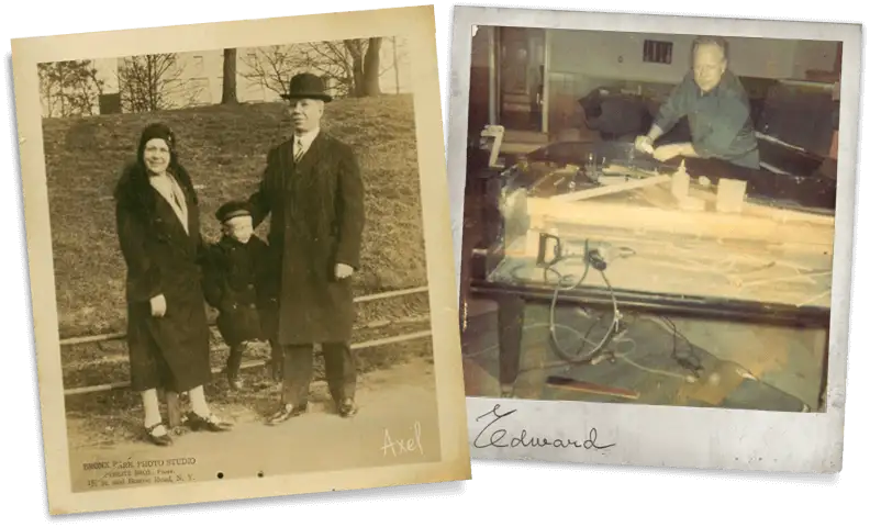 Vintage photos of first and second generation Lindeblad craftsmen restoring pianos.