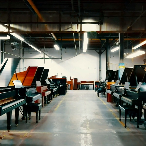 Rows of restored Steinway grand pianos in the Lindeblad facility