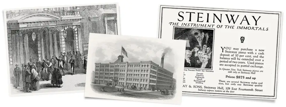 Three black and white photos from the 1800s showing Steinway & Sons hall, factory, and a newspaper calling Steinway the instrument of the immortals