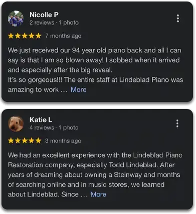 Two five-star Google reviews from people who purchased or restored a piano with Lindeblad Piano.