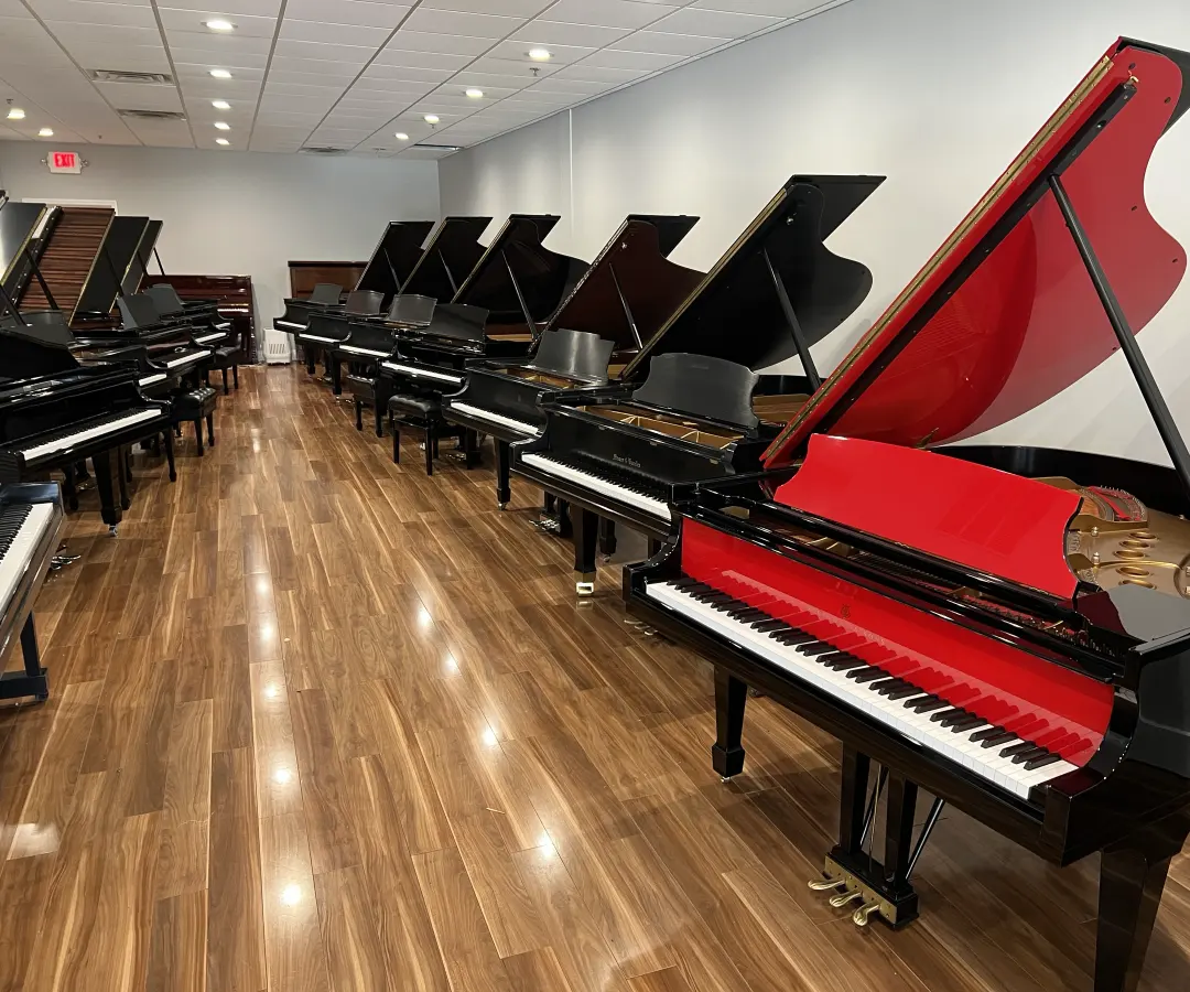 Restored grand pianos on the showroom floor at Lindeblad Piano in Pine Brook, New Jersey