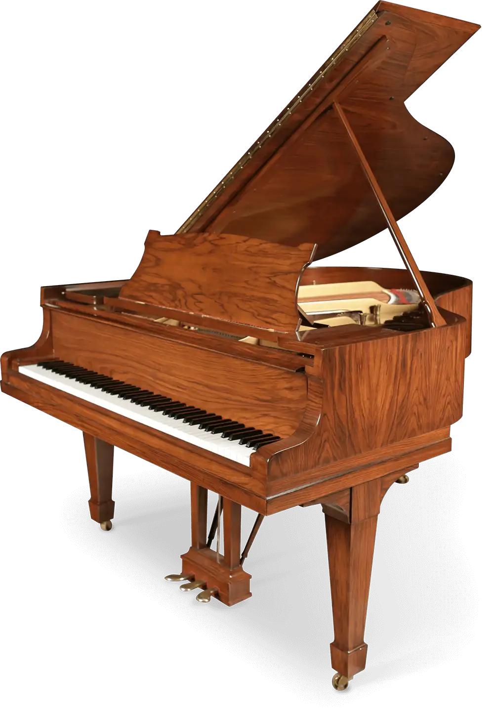 Steinway grand piano restored and refinished to showcase it's exotic wood-tone cabinet.