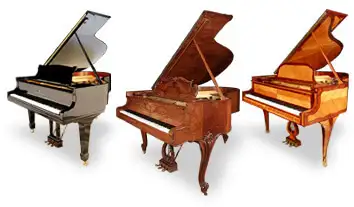 Three beautiful Steinway grand pianos in different styles and colors, showcasing Lindeblad's extensive Steinway piano inventory