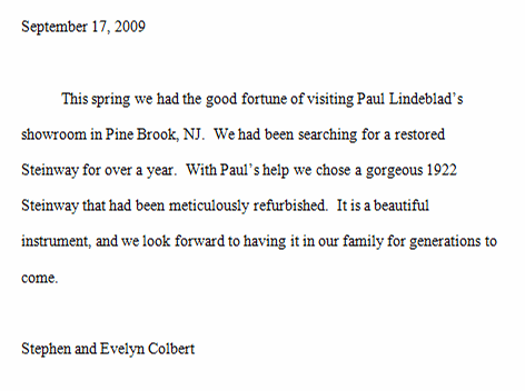 Letter from Stephen and Evelyn Colbert