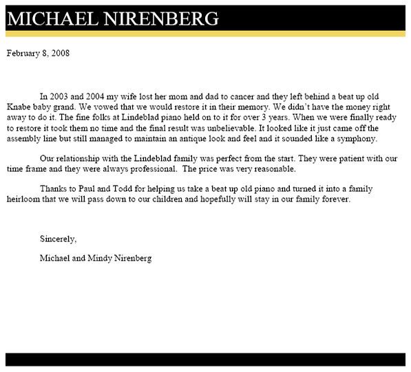 Letter from Michael and Mindy Nirenberg