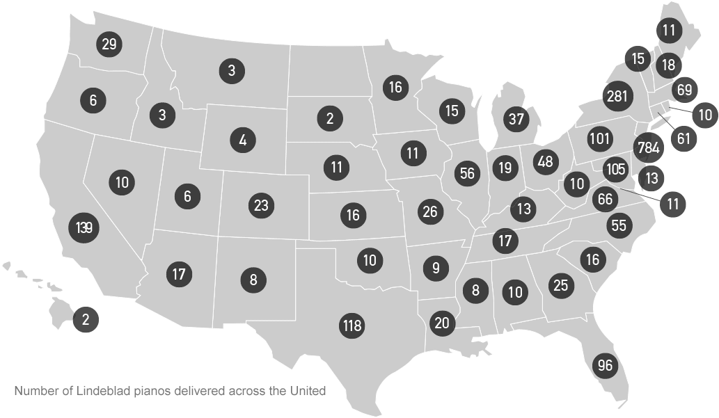 Map of pianos sold by state in the continental united states