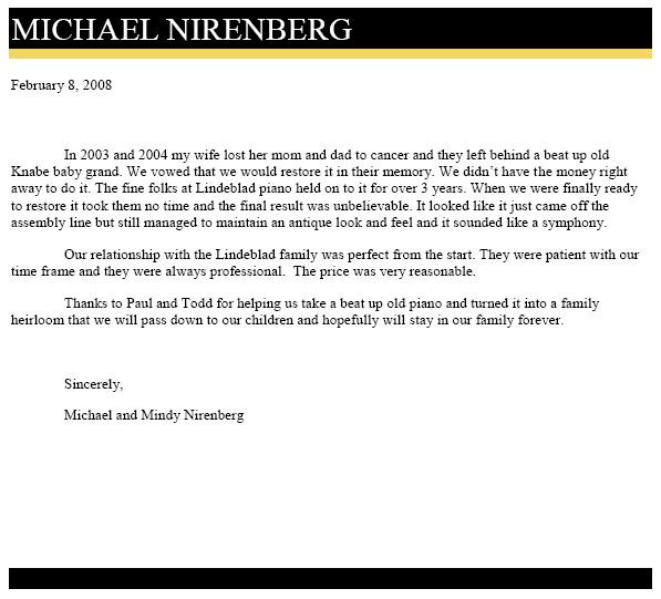 Letter from Michael and Mindy Nirenberg